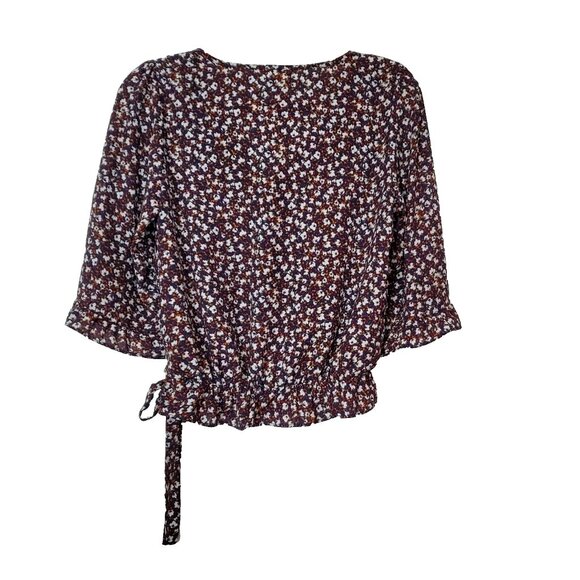 Sienna Sky Women’s Small Blue Floral Cross Tie 3/4 Sleeve Ruffle Waist Top - Picture 2 of 8